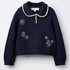 Zara Navy Blue Kids Sweater with White Embroidery